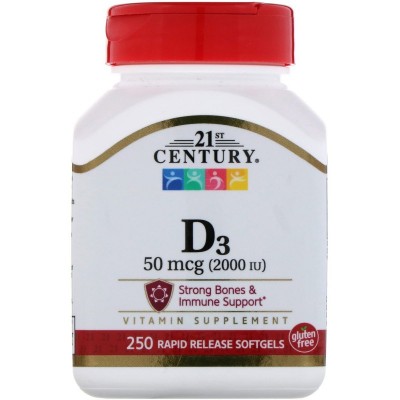 21st Century, 21 Век витамин D3, 50 мкг (2000 МЕ), 250 мягких капсул